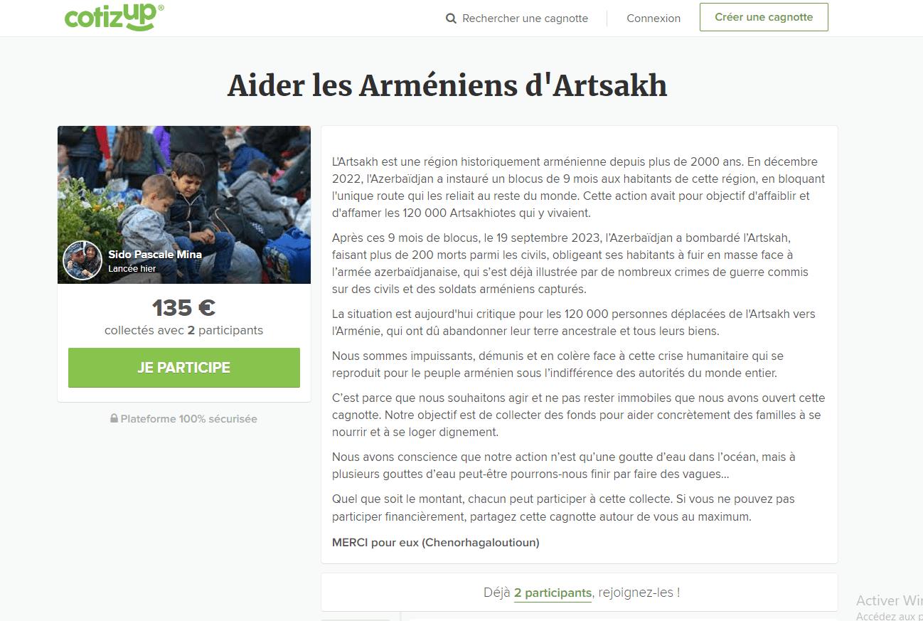 Une cagnotte en ligne pour l'Arménie