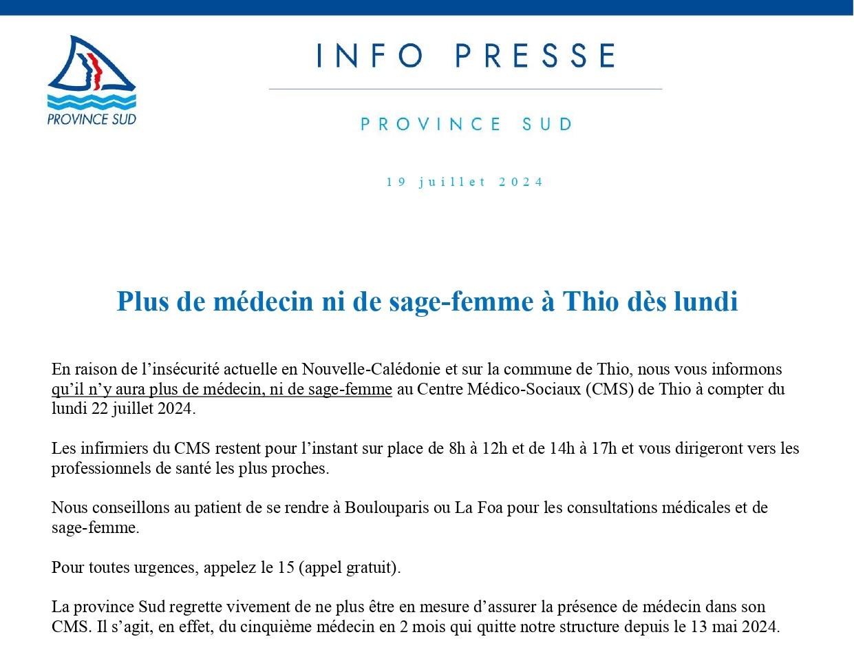 Communiqué de la province sud sur la fermture du CMS de Thio